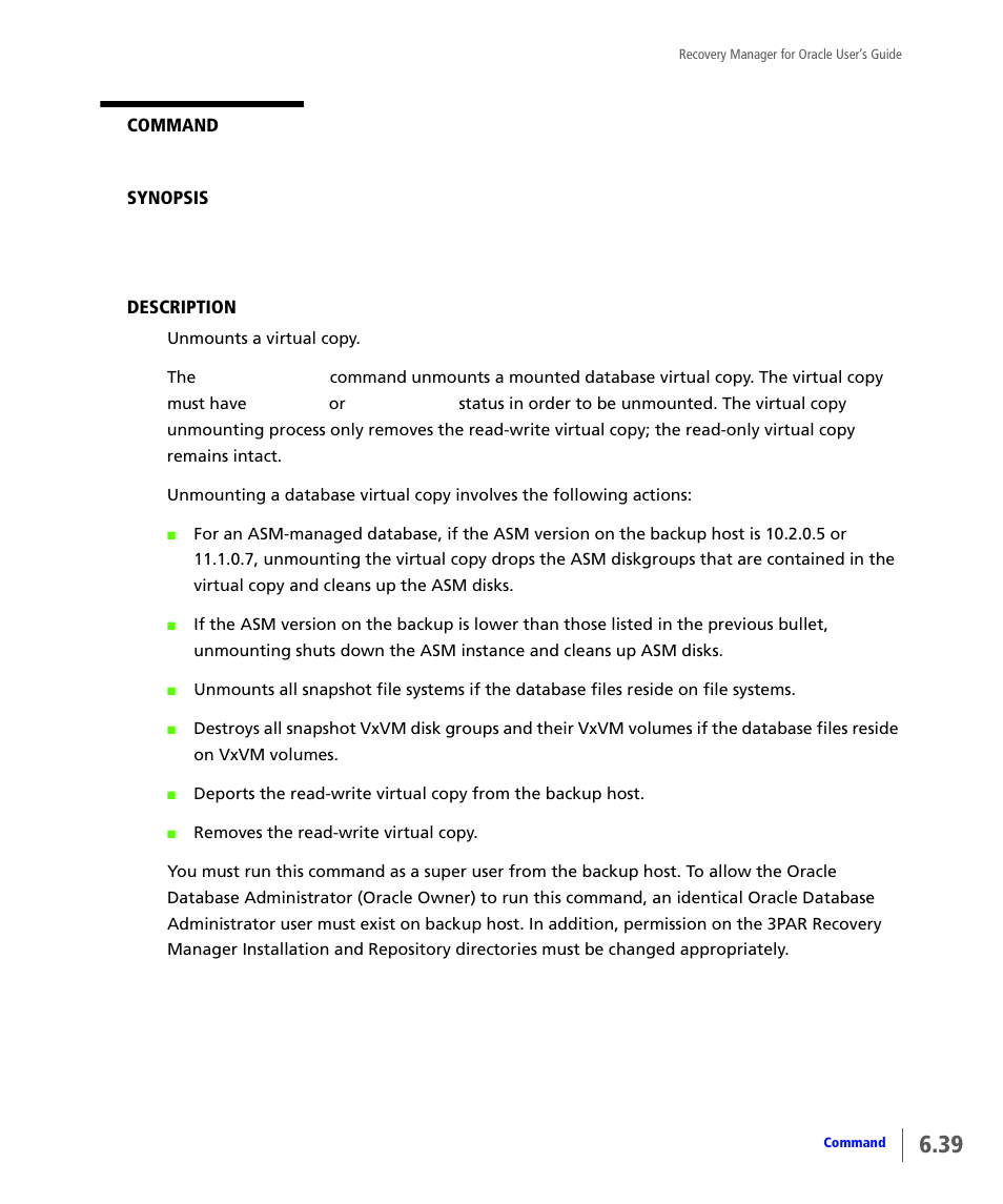 Vcdba_umount | HP 3PAR Application Software Suite for Oracle User Manual | Page 147 / 184