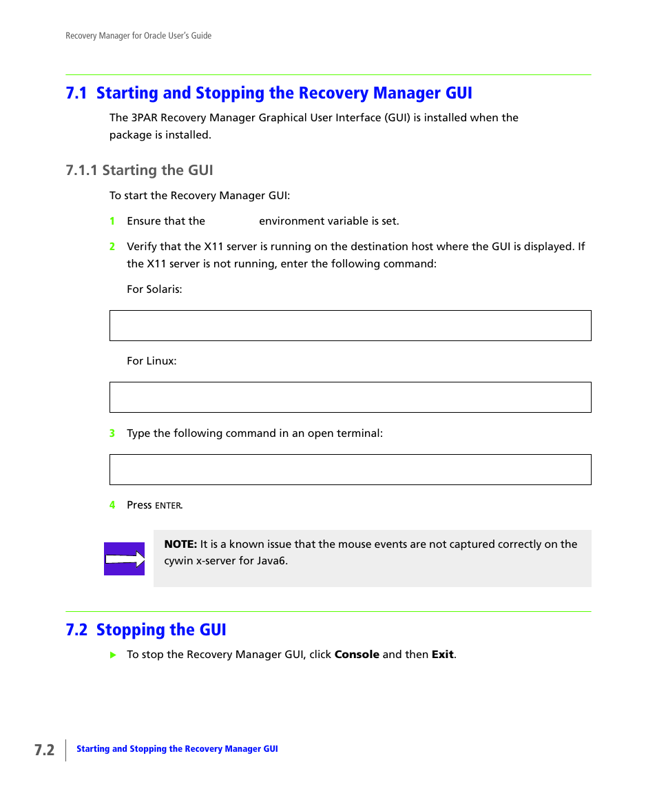 1 starting and stopping the recovery manager gui, 1 starting the gui, 2 stopping the gui | Starting and stopping the recovery manager gui, Starting the gui, Stopping the gui | HP 3PAR Application Software Suite for Oracle User Manual | Page 150 / 184