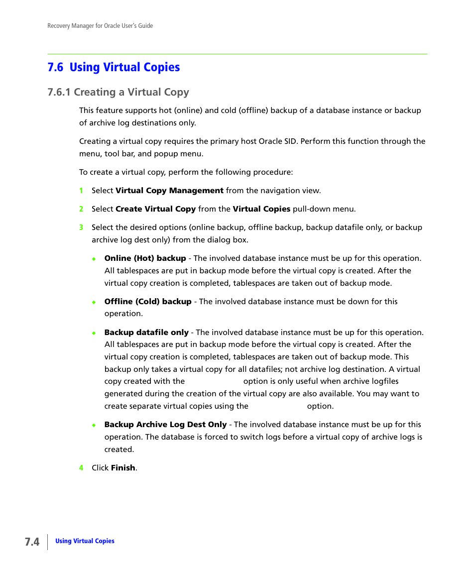 6 using virtual copies, 1 creating a virtual copy, Using virtual copies | Creating a virtual copy | HP 3PAR Application Software Suite for Oracle User Manual | Page 152 / 184