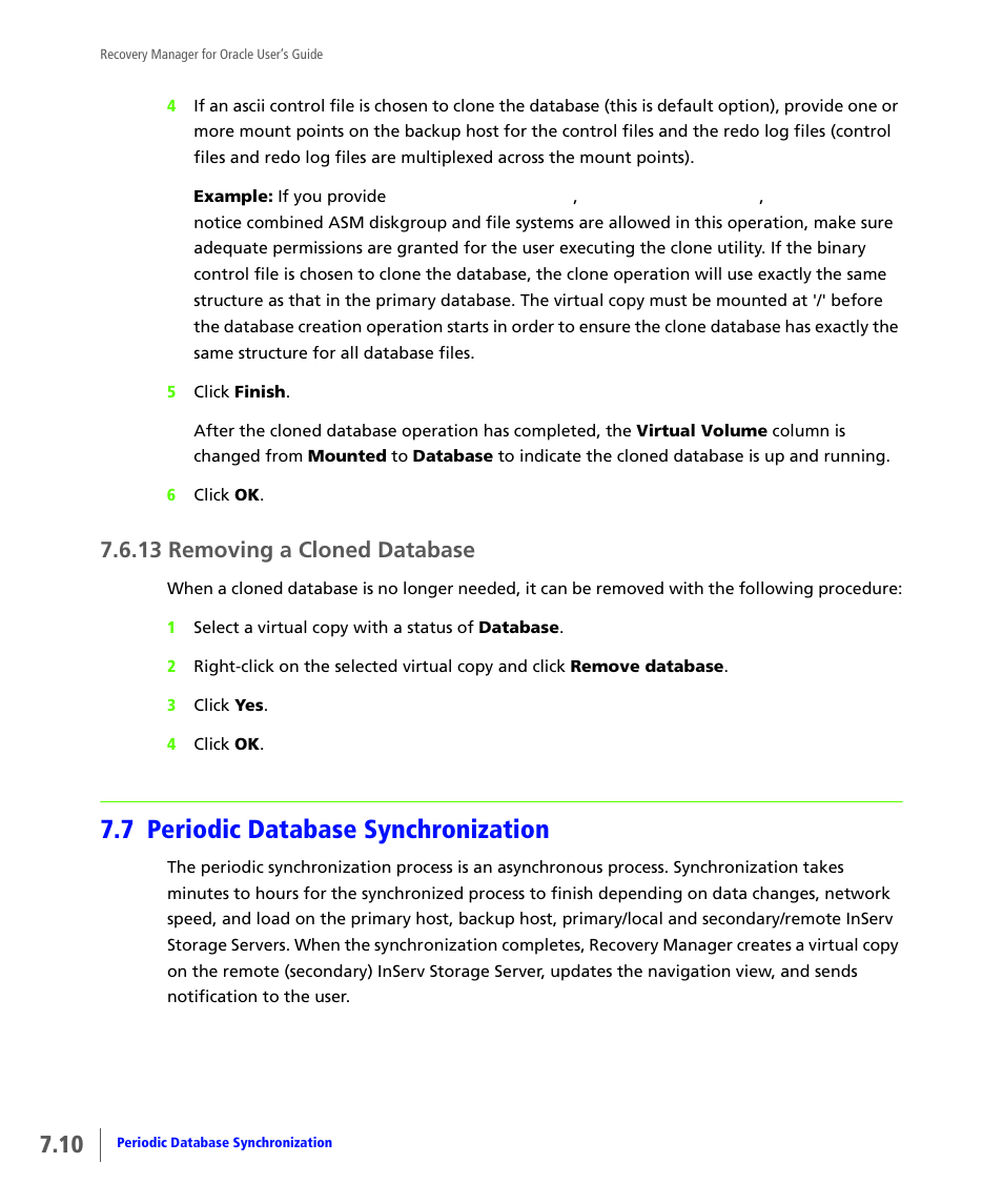 13 removing a cloned database, 7 periodic database synchronization, Removing a cloned database | Periodic database synchronization | HP 3PAR Application Software Suite for Oracle User Manual | Page 158 / 184