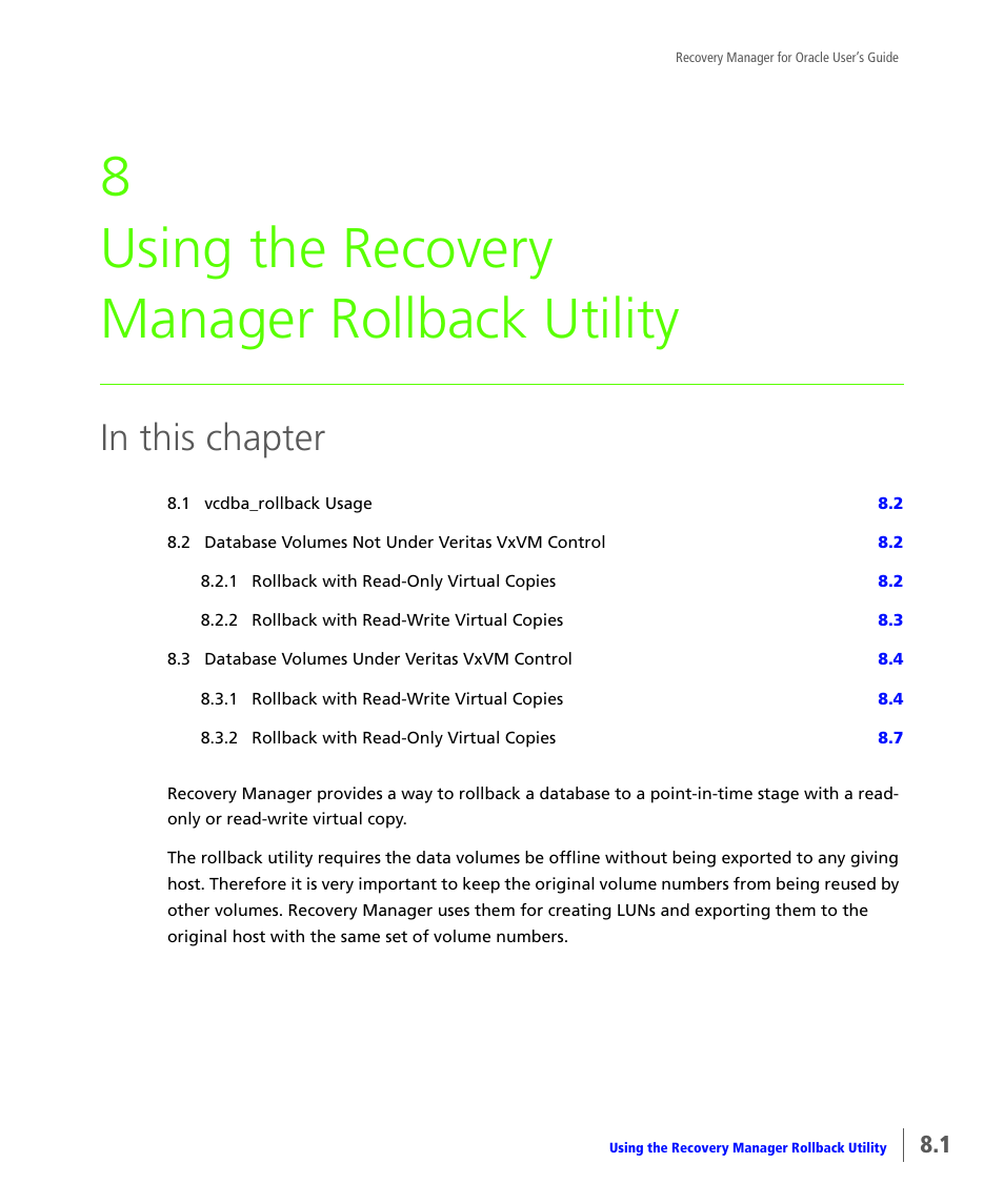 Using the recovery manager rollback utility, 8 using the recovery manager rollback utility | HP 3PAR Application Software Suite for Oracle User Manual | Page 161 / 184
