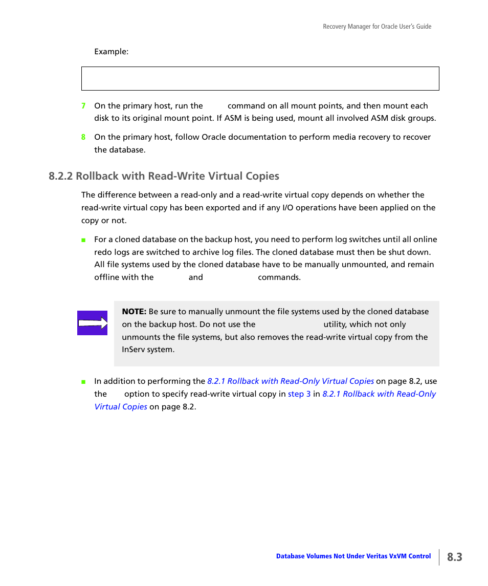 2 rollback with read-write virtual copies, Rollback with read-write virtual copies | HP 3PAR Application Software Suite for Oracle User Manual | Page 163 / 184