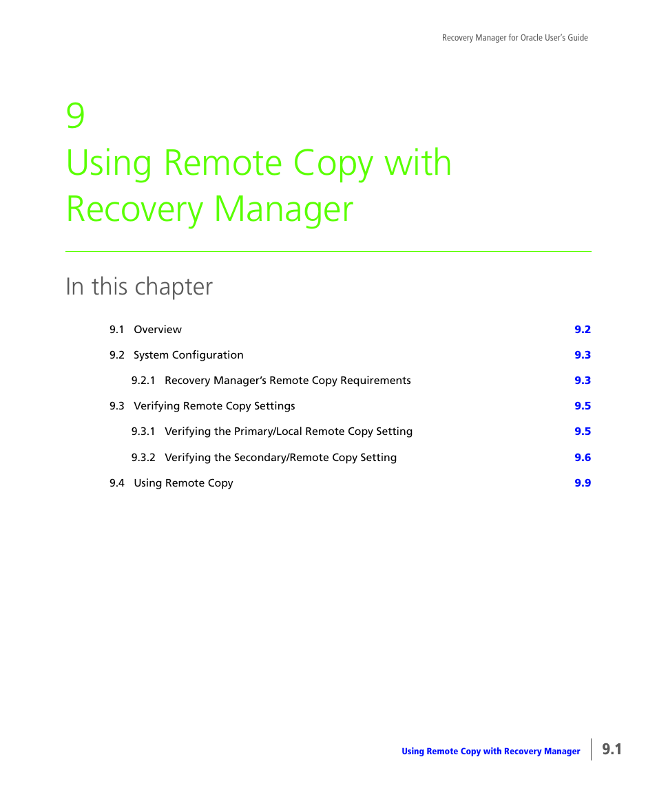 Using remote copy with recovery manager, Chapter 9, using remote copy with recovery manager, 9 using remote copy with recovery manager | HP 3PAR Application Software Suite for Oracle User Manual | Page 169 / 184