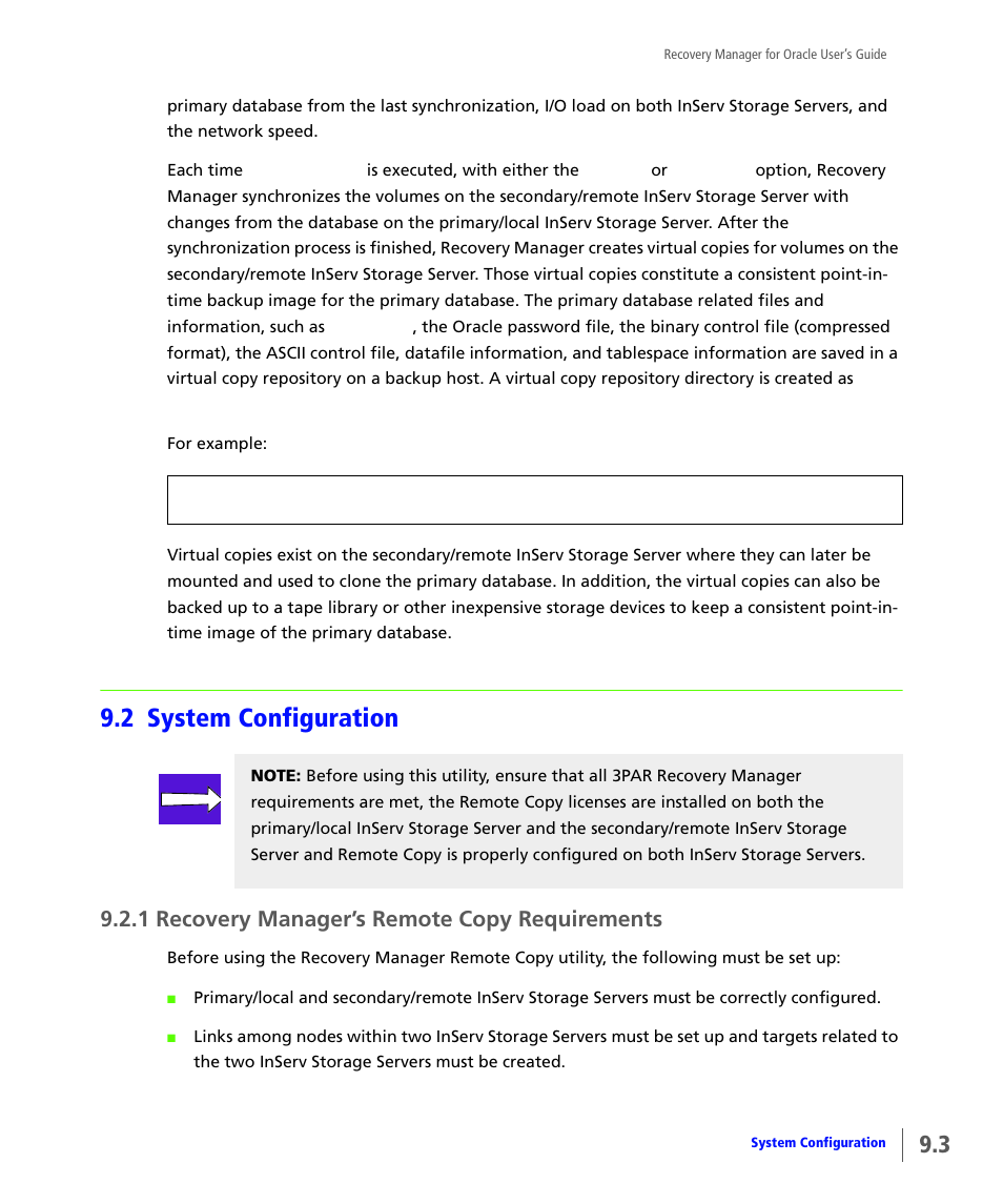 2 system configuration, 1 recovery manager’s remote copy requirements, System configuration | Recovery manager’s remote copy requirements | HP 3PAR Application Software Suite for Oracle User Manual | Page 171 / 184