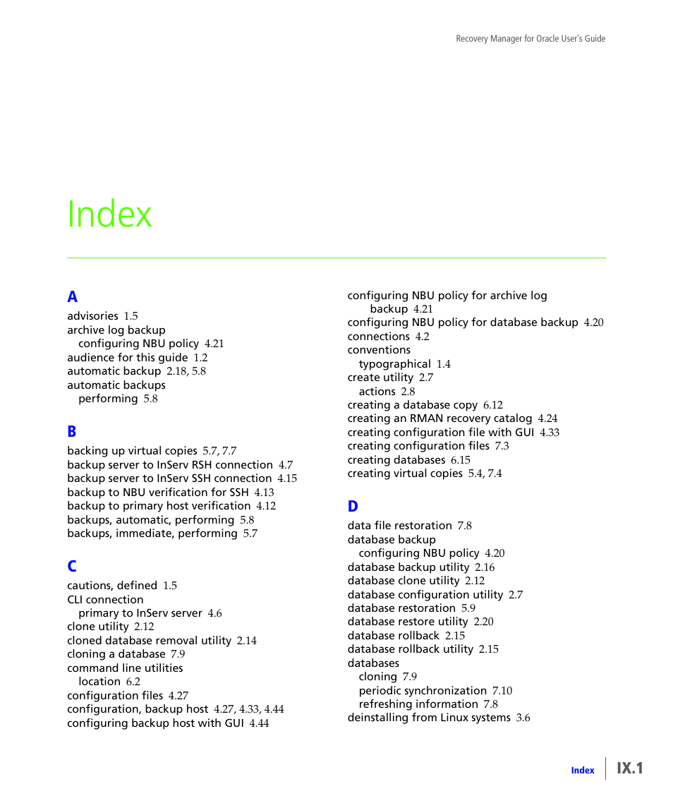 Index, Ix.1 | HP 3PAR Application Software Suite for Oracle User Manual | Page 179 / 184