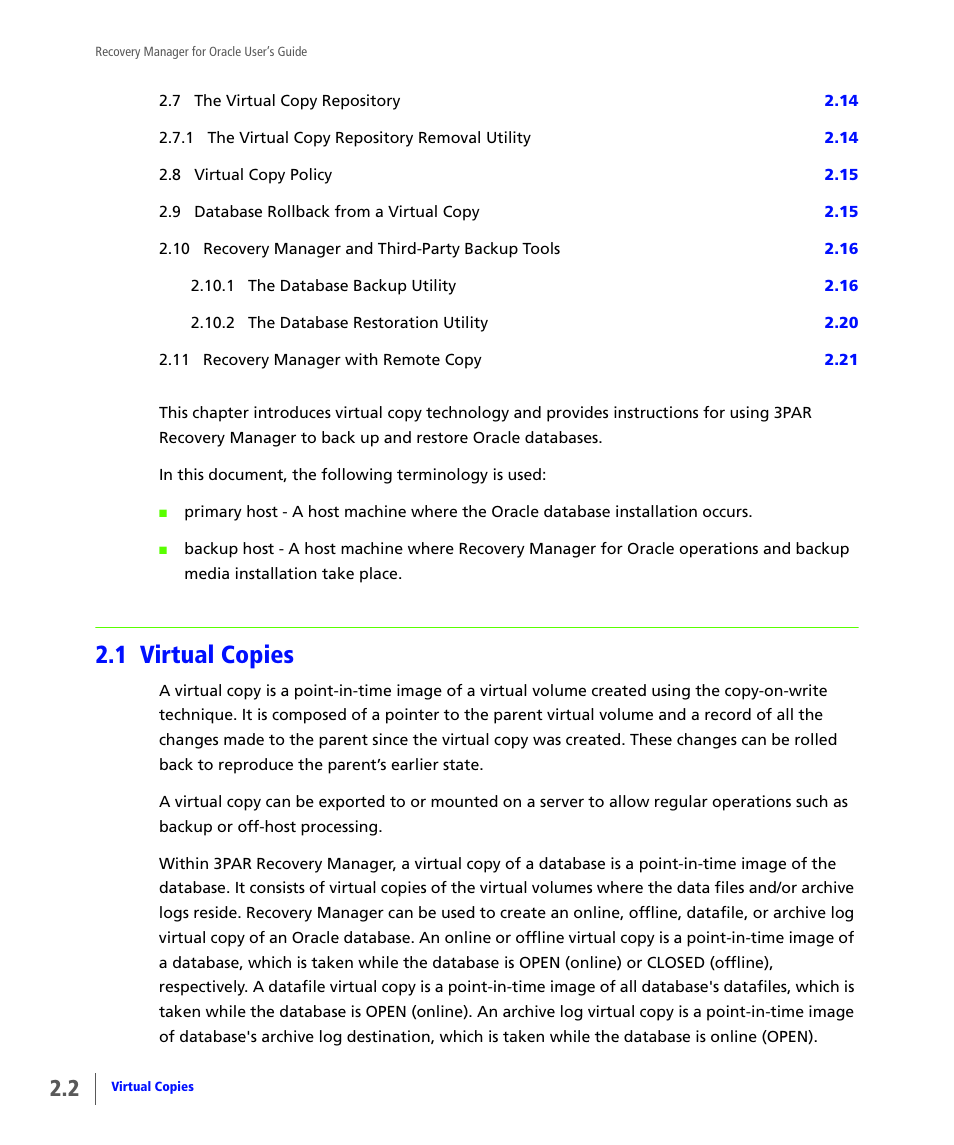 1 virtual copies, Virtual copies | HP 3PAR Application Software Suite for Oracle User Manual | Page 18 / 184