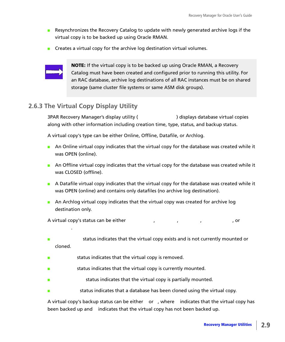 3 the virtual copy display utility, The virtual copy display utility | HP 3PAR Application Software Suite for Oracle User Manual | Page 25 / 184