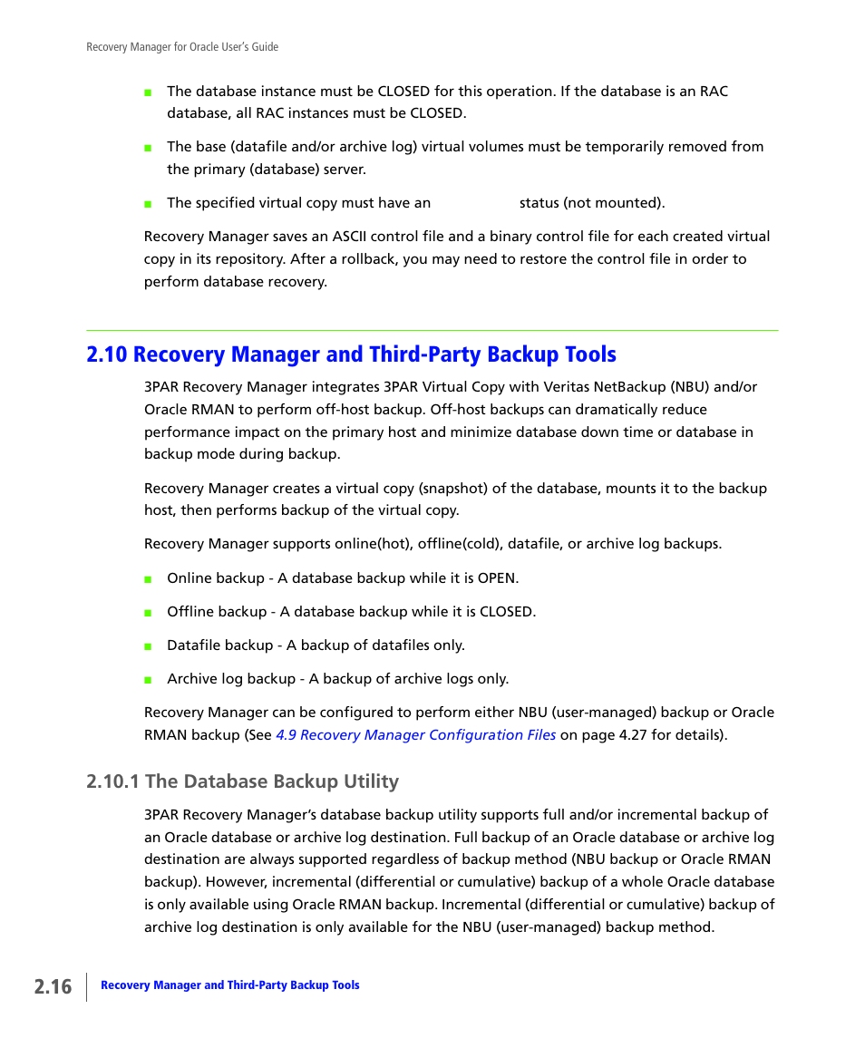 10 recovery manager and third-party backup tools, 1 the database backup utility, Recovery manager and third-party backup tools | The database backup utility | HP 3PAR Application Software Suite for Oracle User Manual | Page 32 / 184