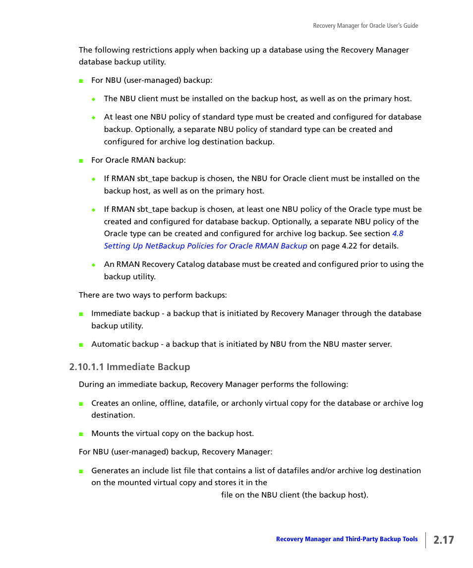 Immediate backup, 1 immediate backup | HP 3PAR Application Software Suite for Oracle User Manual | Page 33 / 184