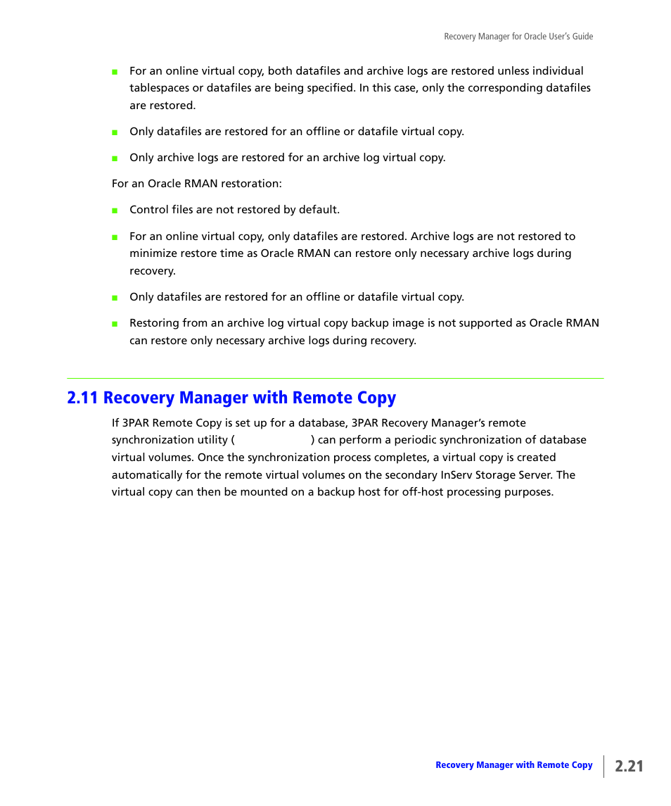 11 recovery manager with remote copy, Recovery manager with remote copy | HP 3PAR Application Software Suite for Oracle User Manual | Page 37 / 184