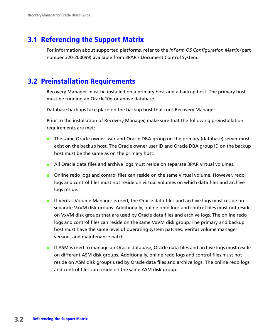 1 referencing the support matrix, 2 preinstallation requirements, Referencing the support matrix | Preinstallation requirements | HP 3PAR Application Software Suite for Oracle User Manual | Page 40 / 184