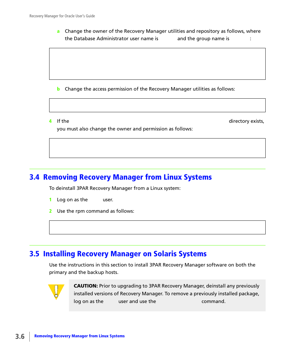 4 removing recovery manager from linux systems, 5 installing recovery manager on solaris systems, Removing recovery manager from linux systems | Installing recovery manager on solaris systems | HP 3PAR Application Software Suite for Oracle User Manual | Page 44 / 184