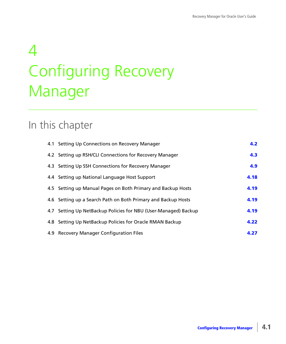 Configuring recovery manager, Chapter 4, configuring recovery manager, Chapter 4, configuring recovery | Manager, 4 configuring recovery manager | HP 3PAR Application Software Suite for Oracle User Manual | Page 49 / 184