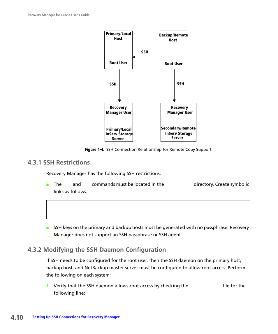 1 ssh restrictions, 2 modifying the ssh daemon configuration, Ssh restrictions | Modifying the ssh daemon configuration | HP 3PAR Application Software Suite for Oracle User Manual | Page 58 / 184