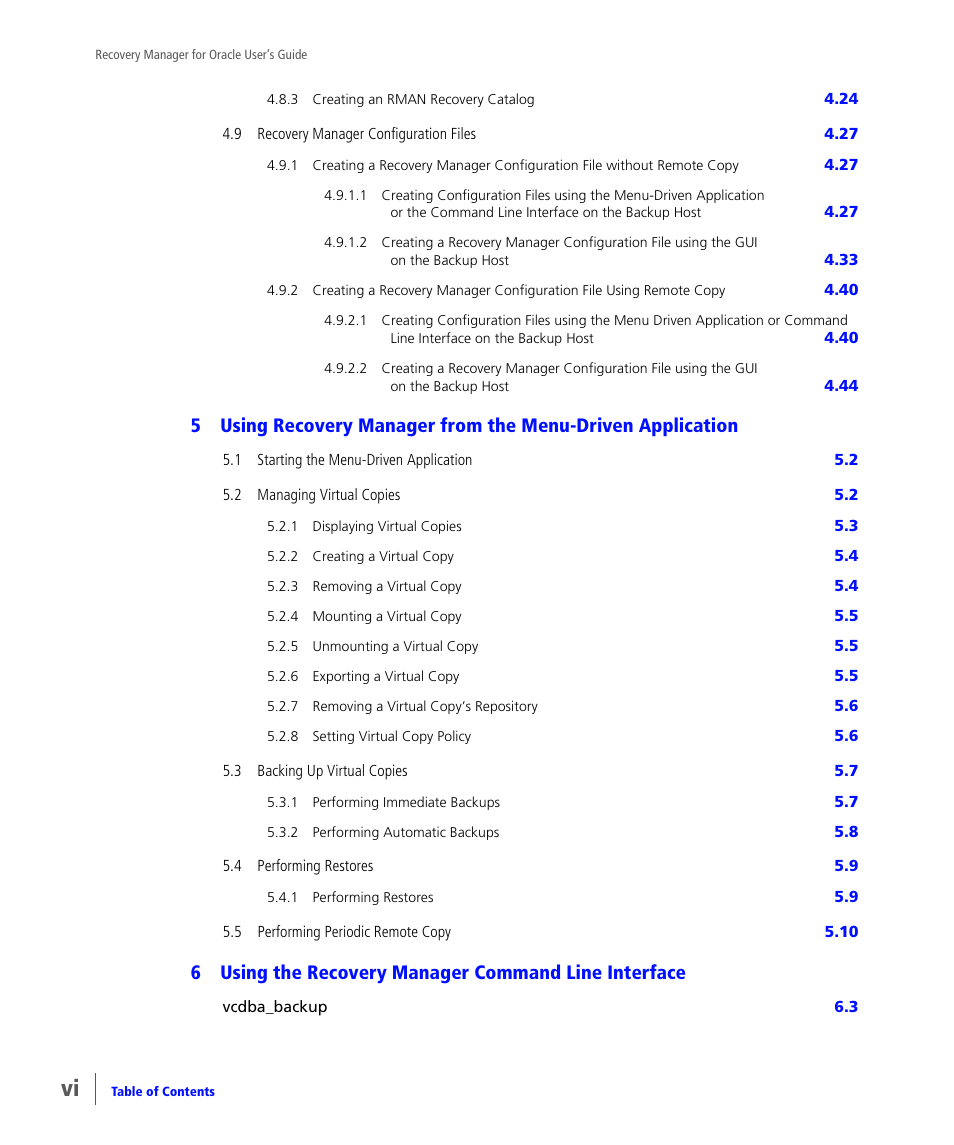 6using the recovery manager command line interface | HP 3PAR Application Software Suite for Oracle User Manual | Page 6 / 184
