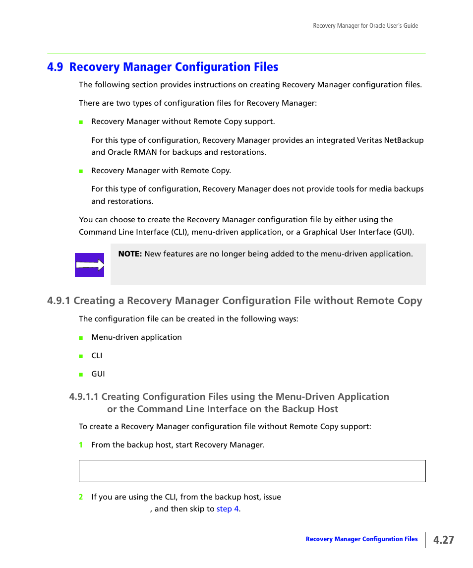 9 recovery manager configuration files, Recovery manager configuration files, Or the command line interface on the backup host | HP 3PAR Application Software Suite for Oracle User Manual | Page 75 / 184
