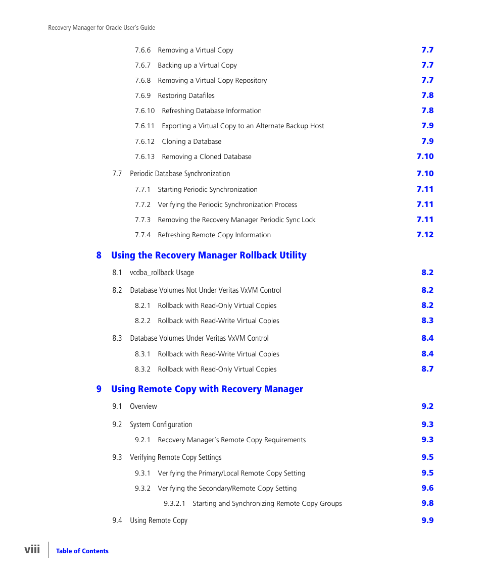 Viii, 8using the recovery manager rollback utility, 9using remote copy with recovery manager | HP 3PAR Application Software Suite for Oracle User Manual | Page 8 / 184