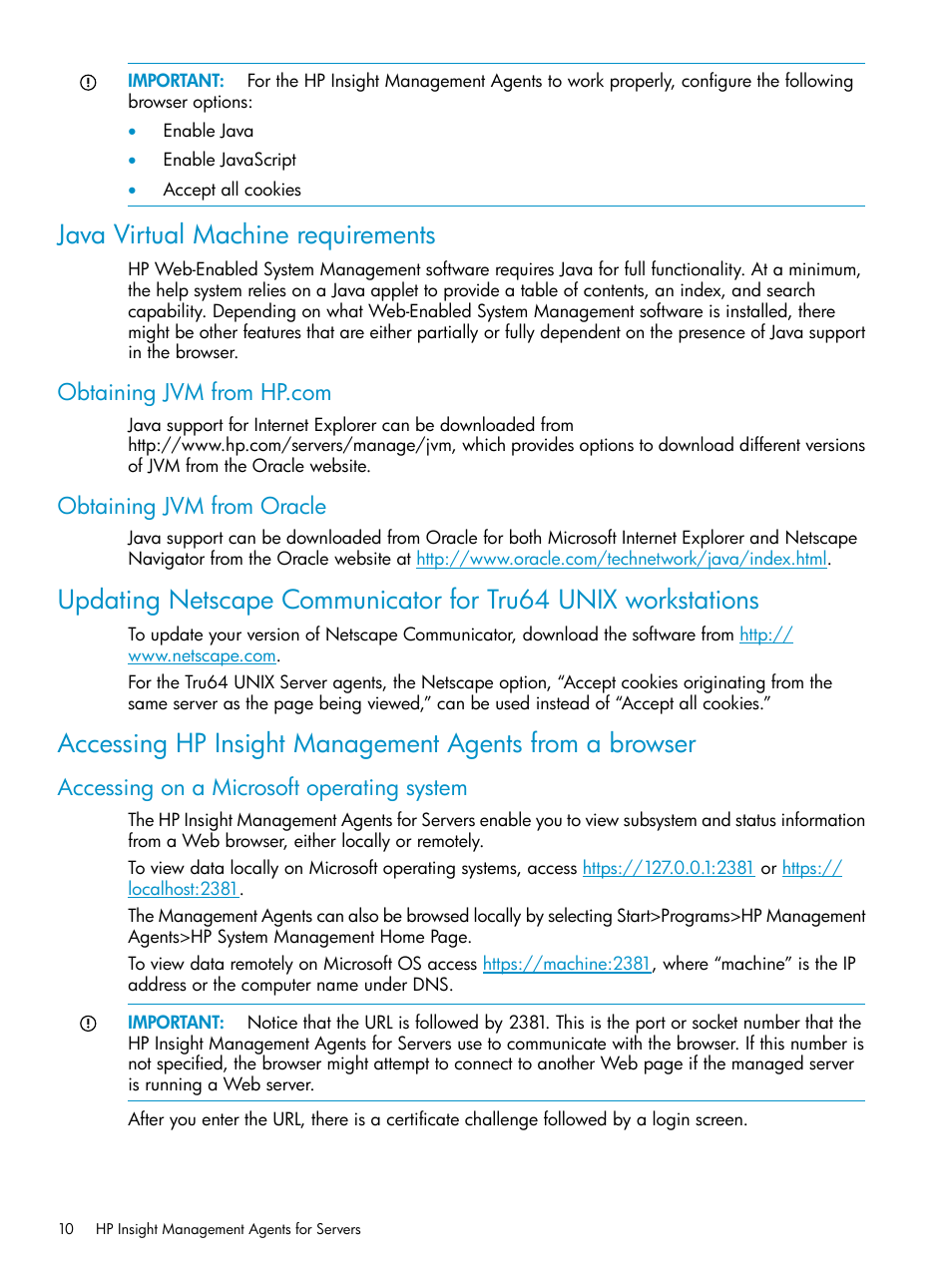 Java virtual machine requirements, Obtaining jvm from hp.com, Obtaining jvm from oracle | Accessing on a microsoft operating system | HP Insight Management Agents User Manual | Page 10 / 161