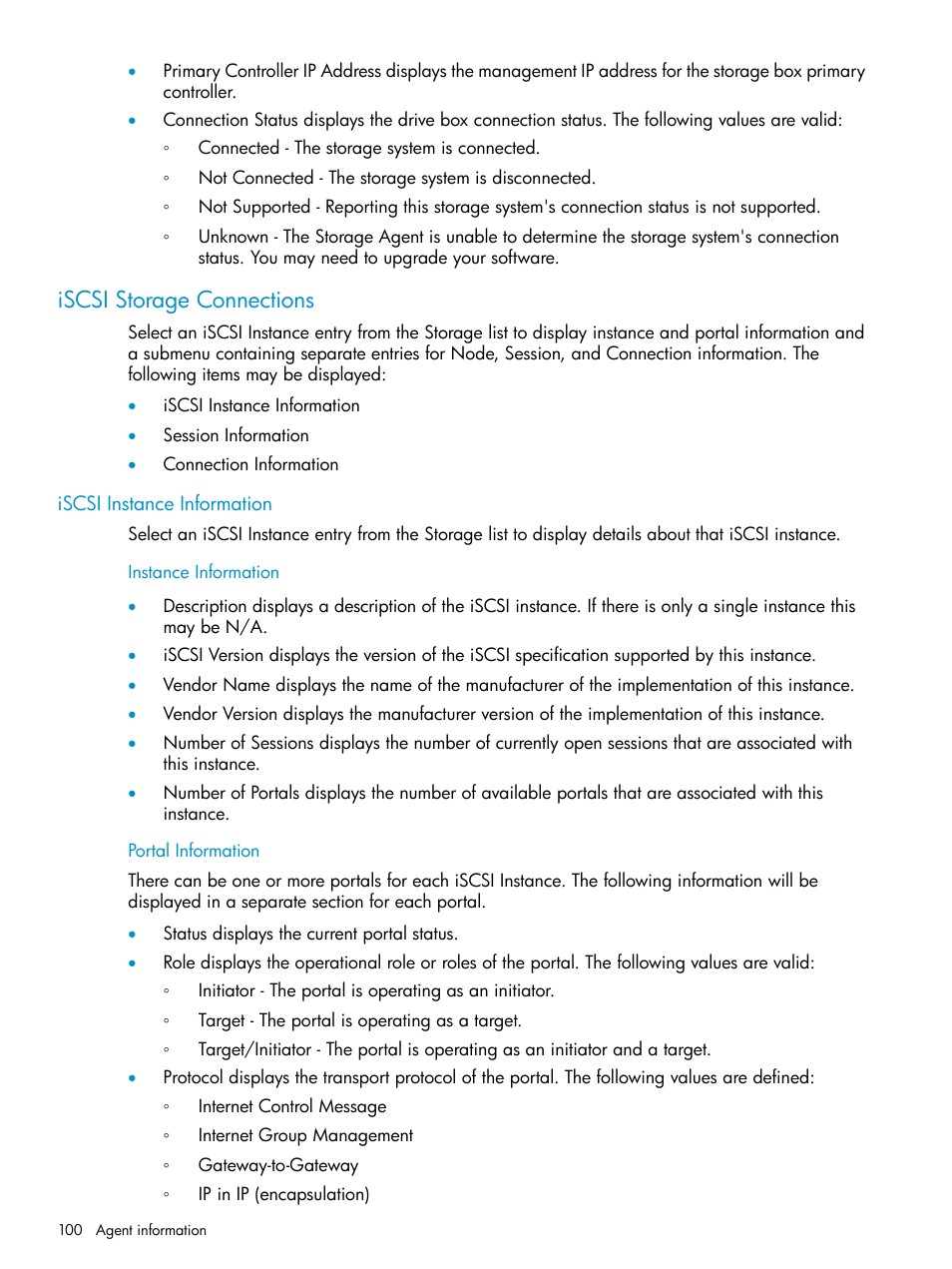 Iscsi storage connections, Iscsi instance information, Instance information | Portal information, Instance information portal information | HP Insight Management Agents User Manual | Page 100 / 161