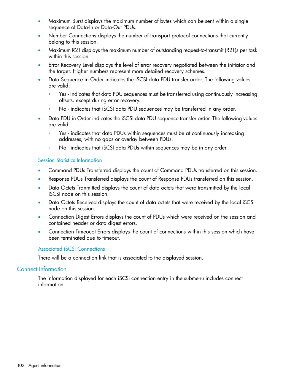 Session statistics information, Associated iscsi connections, Connect information | HP Insight Management Agents User Manual | Page 102 / 161