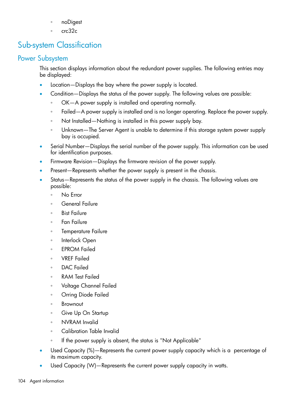 Sub-system classification, Power subsystem | HP Insight Management Agents User Manual | Page 104 / 161