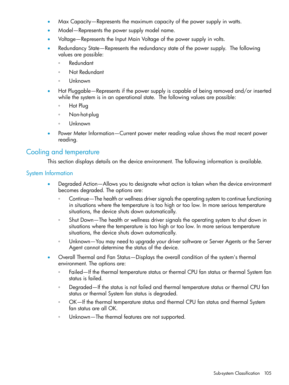 Cooling and temperature, System information | HP Insight Management Agents User Manual | Page 105 / 161