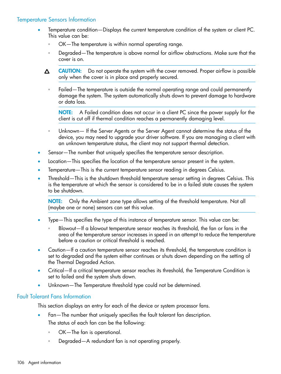 Temperature sensors information, Fault tolerant fans information | HP Insight Management Agents User Manual | Page 106 / 161