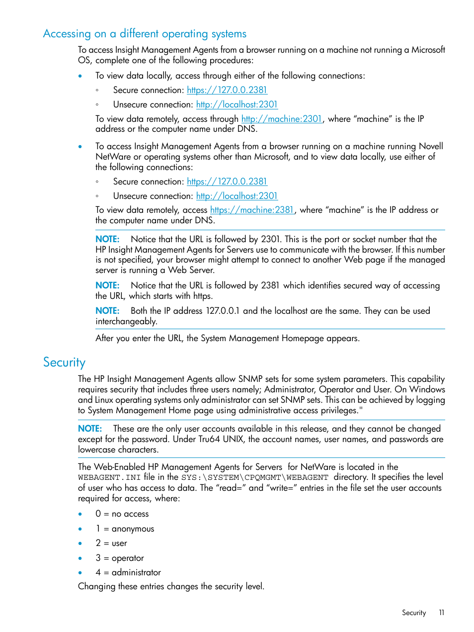 Accessing on a different operating systems, Security | HP Insight Management Agents User Manual | Page 11 / 161