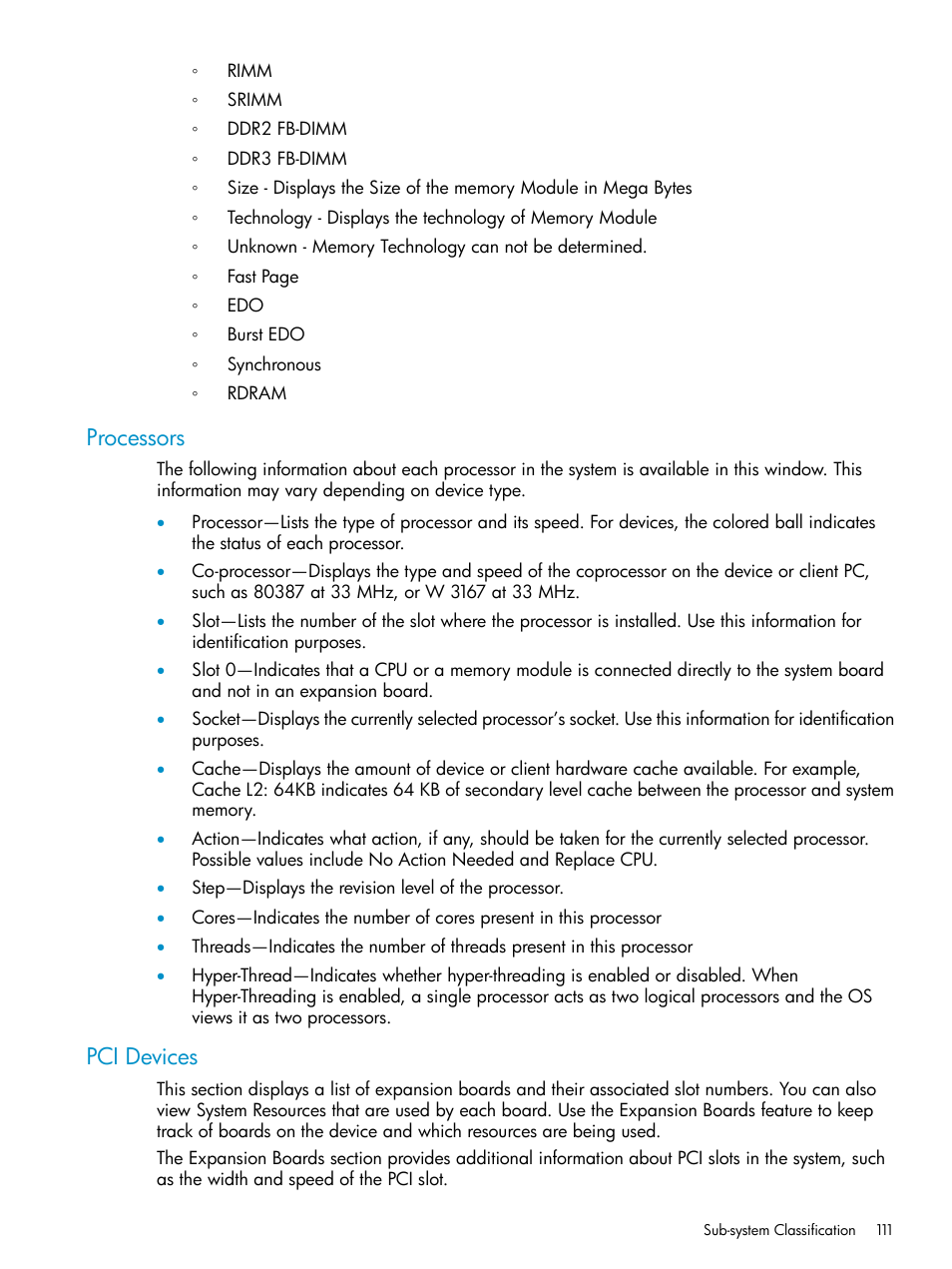 Processors, Pci devices, Processors pci devices | HP Insight Management Agents User Manual | Page 111 / 161