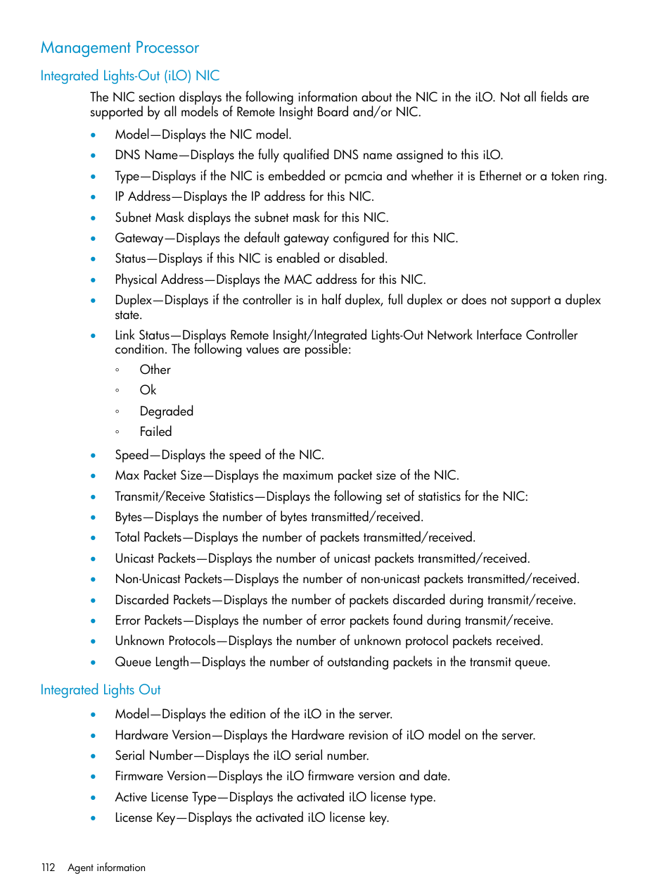 Management processor, Integrated lights-out (ilo) nic, Integrated lights out | HP Insight Management Agents User Manual | Page 112 / 161