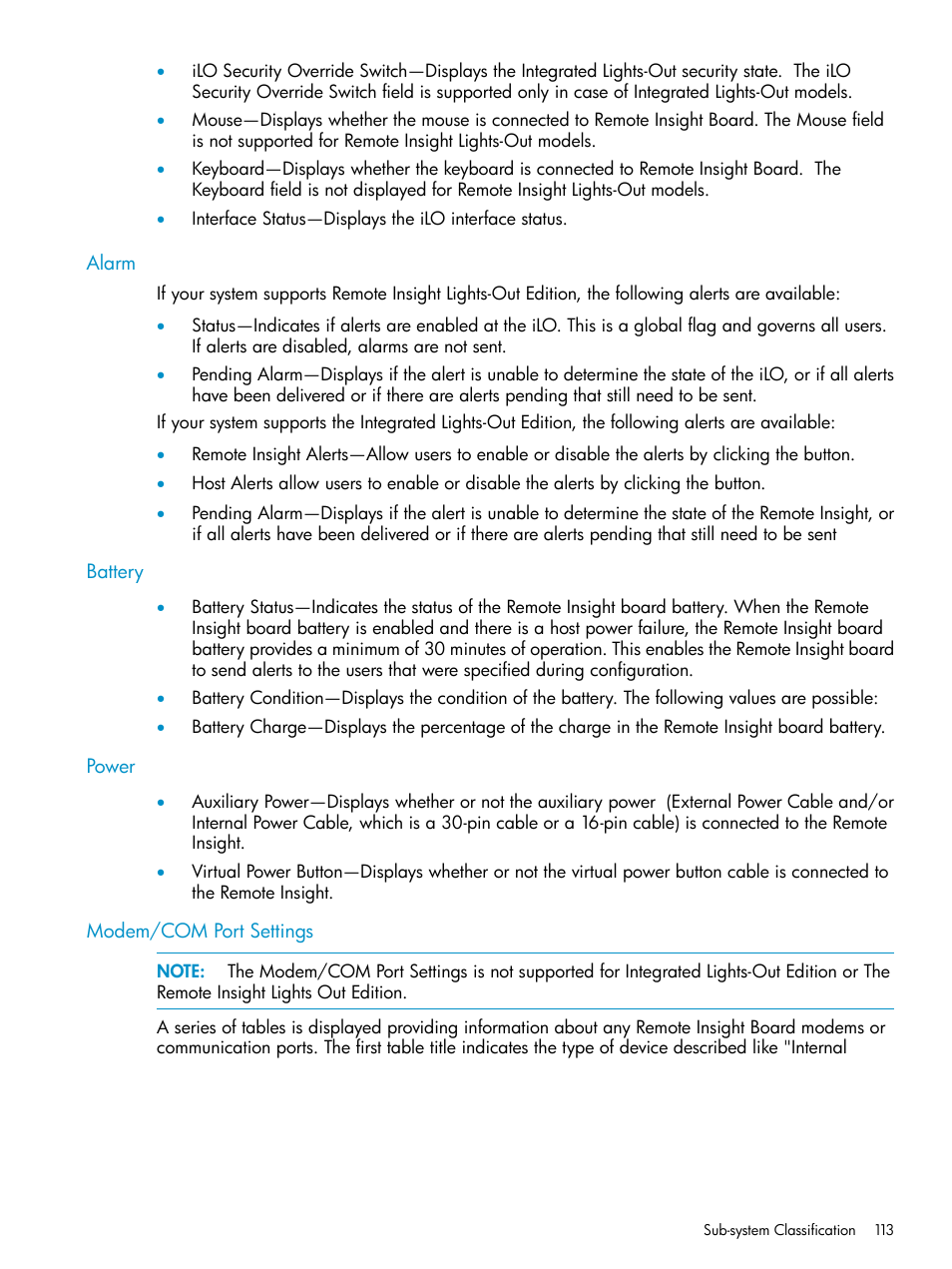 Alarm, Battery, Power | Modem/com port settings, Alarm battery power modem/com port settings | HP Insight Management Agents User Manual | Page 113 / 161