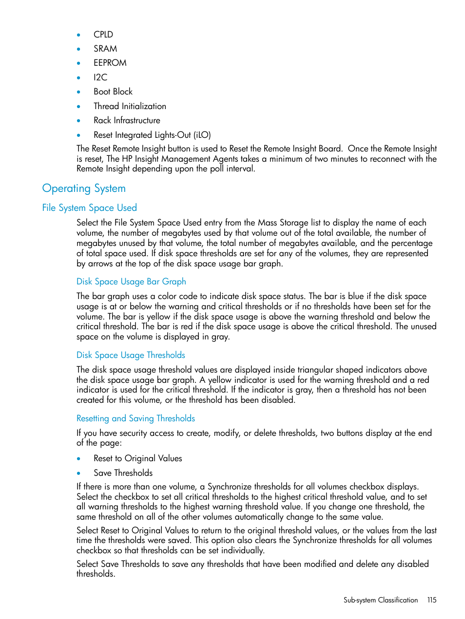 Operating system, File system space used, Disk space usage bar graph | Disk space usage thresholds, Resetting and saving thresholds | HP Insight Management Agents User Manual | Page 115 / 161