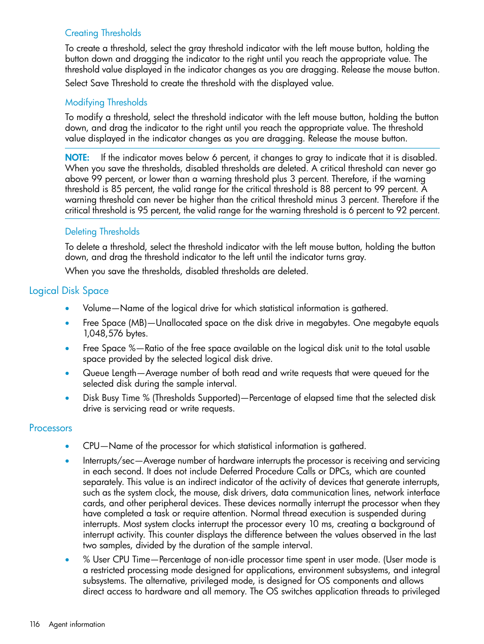 Creating thresholds, Modifying thresholds, Deleting thresholds | Logical disk space, Processors, Logical disk space processors | HP Insight Management Agents User Manual | Page 116 / 161