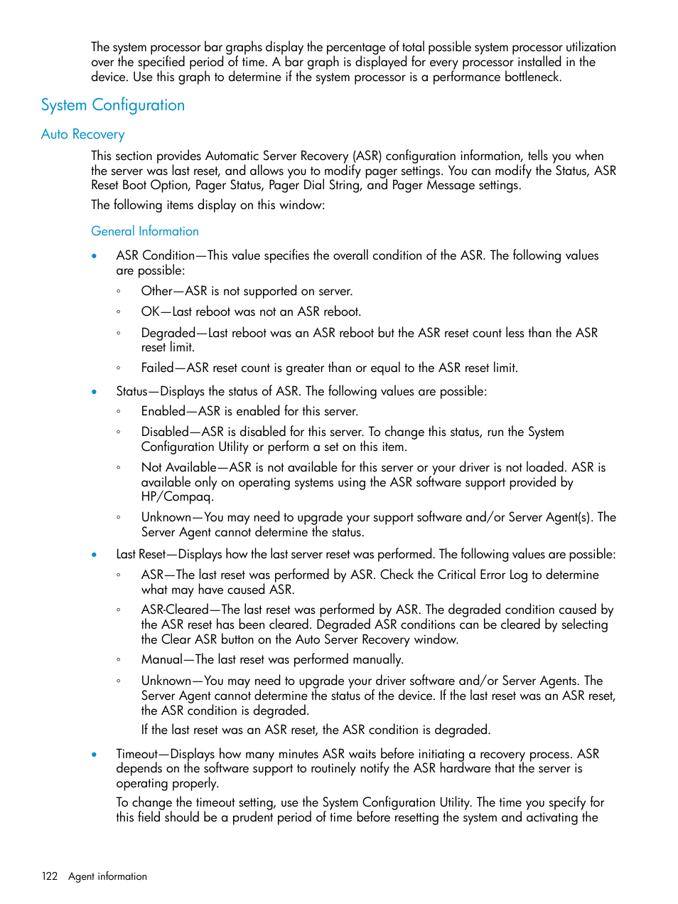 System configuration, Auto recovery, General information | HP Insight Management Agents User Manual | Page 122 / 161