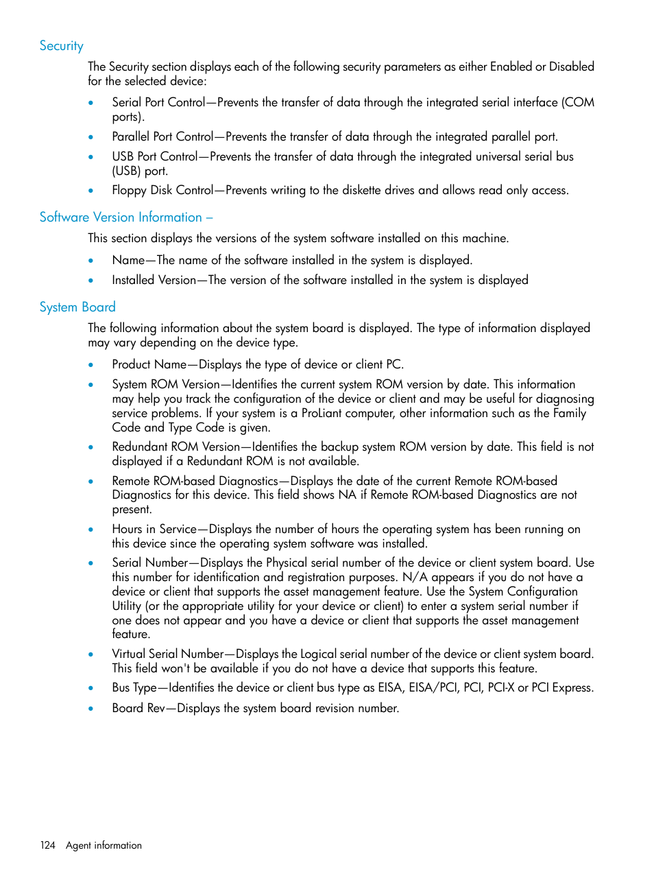 Security, Software version information, System board | HP Insight Management Agents User Manual | Page 124 / 161