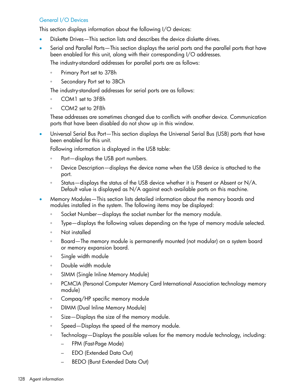 General i/o devices | HP Insight Management Agents User Manual | Page 128 / 161