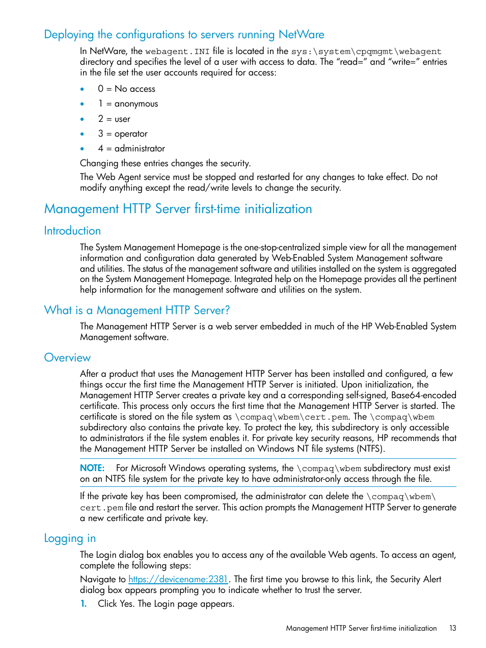 Management http server first-time initialization, Introduction, What is a management http server | Overview, Logging in | HP Insight Management Agents User Manual | Page 13 / 161