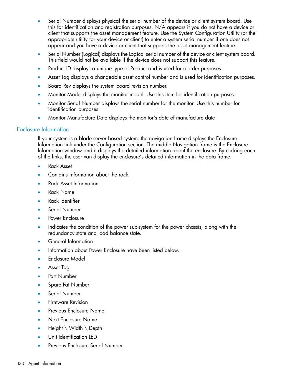 Enclosure information | HP Insight Management Agents User Manual | Page 130 / 161