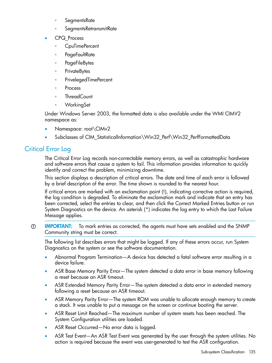 Critical error log | HP Insight Management Agents User Manual | Page 135 / 161