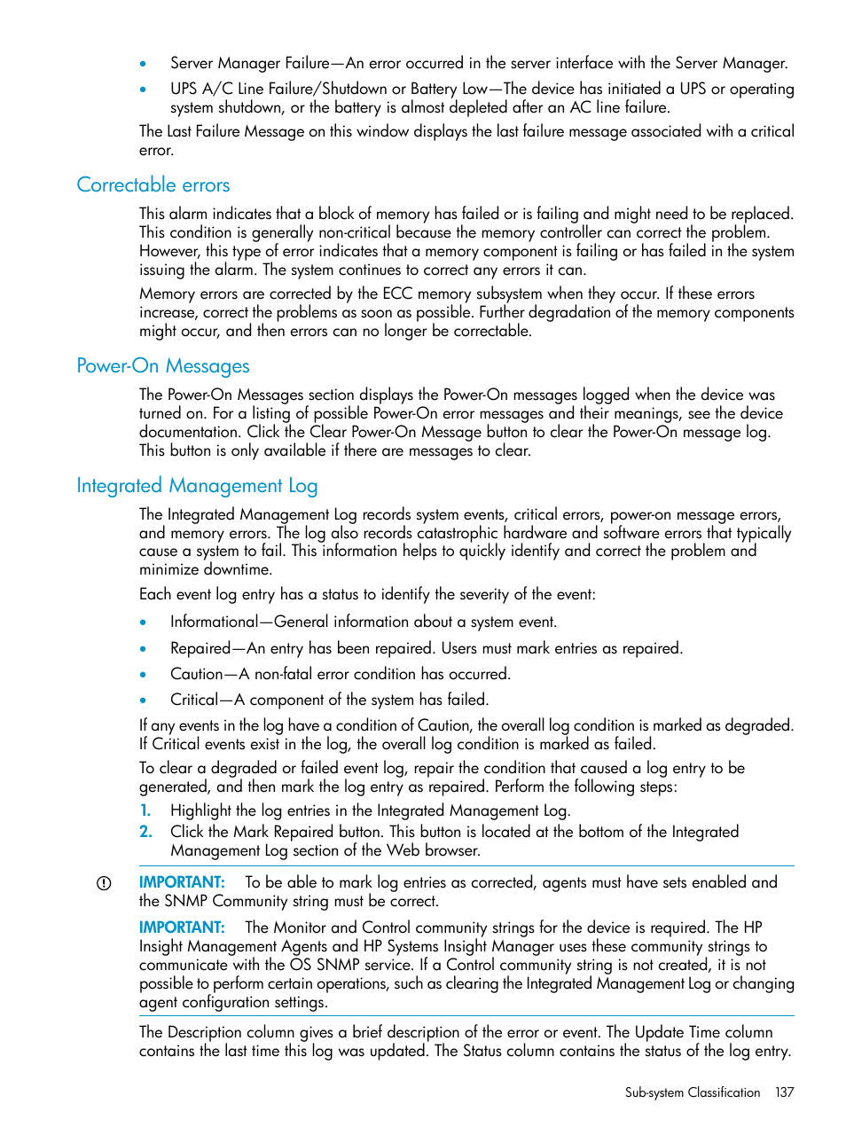 Correctable errors, Power-on messages, Integrated management log | HP Insight Management Agents User Manual | Page 137 / 161