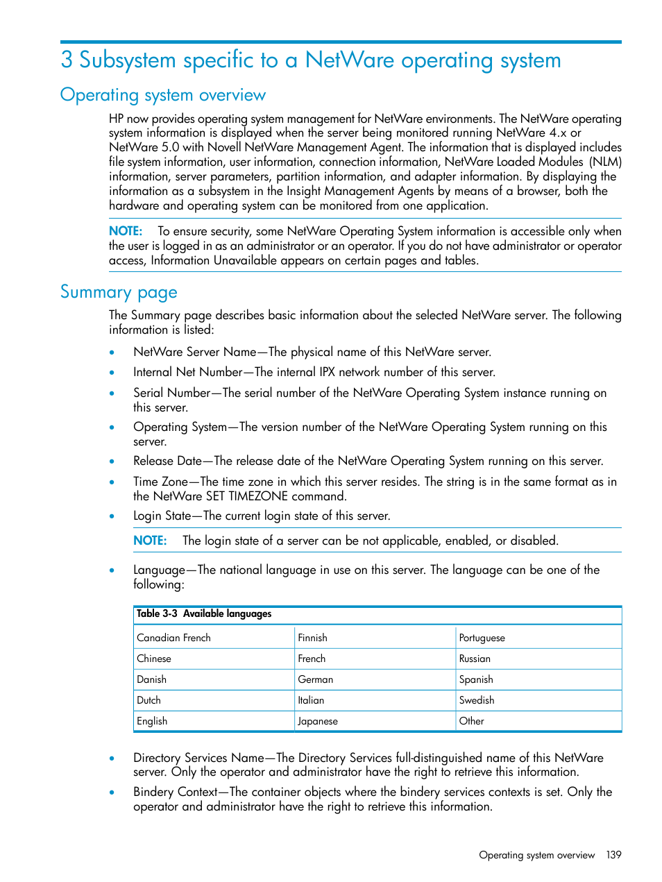 3 subsystem specific to a netware operating system, Operating system overview, Summary page | HP Insight Management Agents User Manual | Page 139 / 161