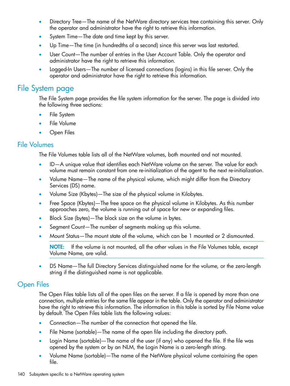 File volumes, Open files, File volumes open files | File system page | HP Insight Management Agents User Manual | Page 140 / 161