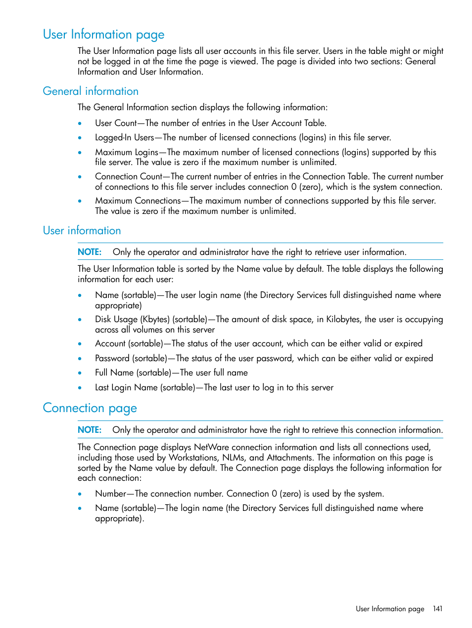 General information, User information, General information user information | User information page, Connection page | HP Insight Management Agents User Manual | Page 141 / 161