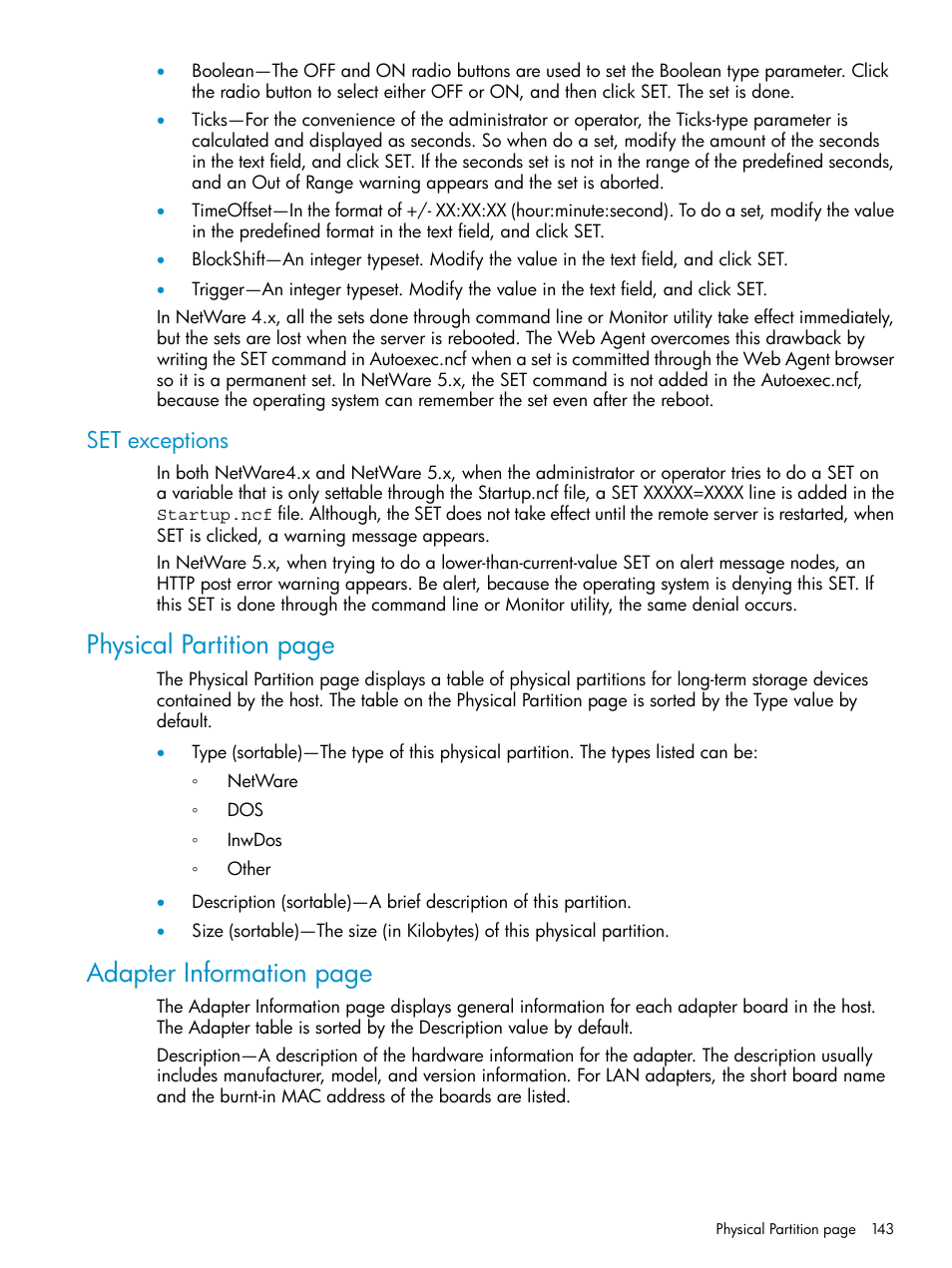 Set exceptions, Physical partition page, Adapter information page | HP Insight Management Agents User Manual | Page 143 / 161