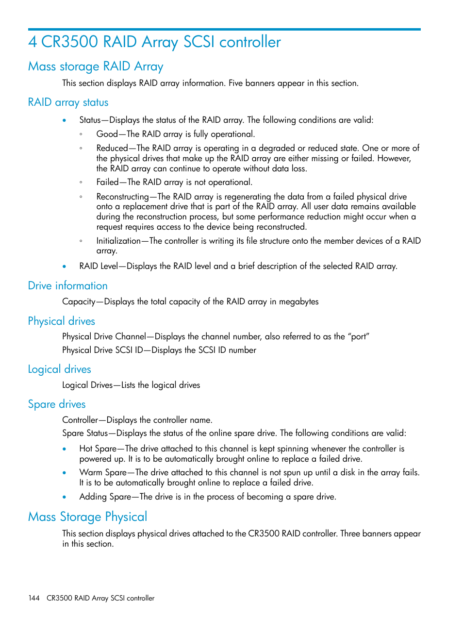 4 cr3500 raid array scsi controller, Mass storage raid array, Raid array status | Drive information, Physical drives, Logical drives, Spare drives, Mass storage physical | HP Insight Management Agents User Manual | Page 144 / 161