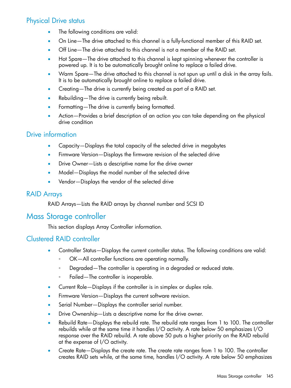 Physical drive status, Drive information, Raid arrays | Mass storage controller, Clustered raid controller | HP Insight Management Agents User Manual | Page 145 / 161