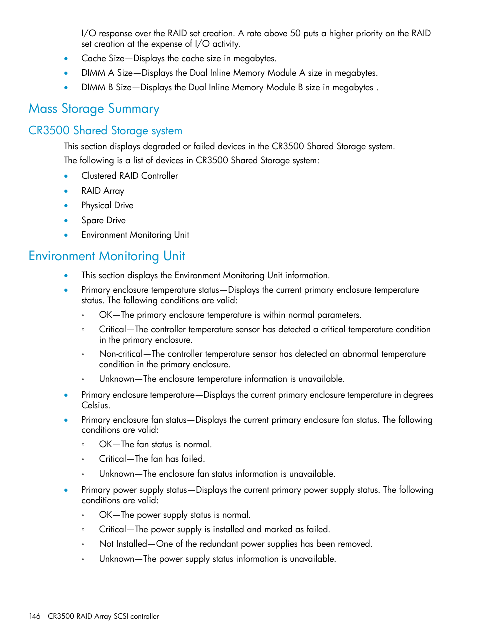 Mass storage summary, Cr3500 shared storage system, Environment monitoring unit | HP Insight Management Agents User Manual | Page 146 / 161