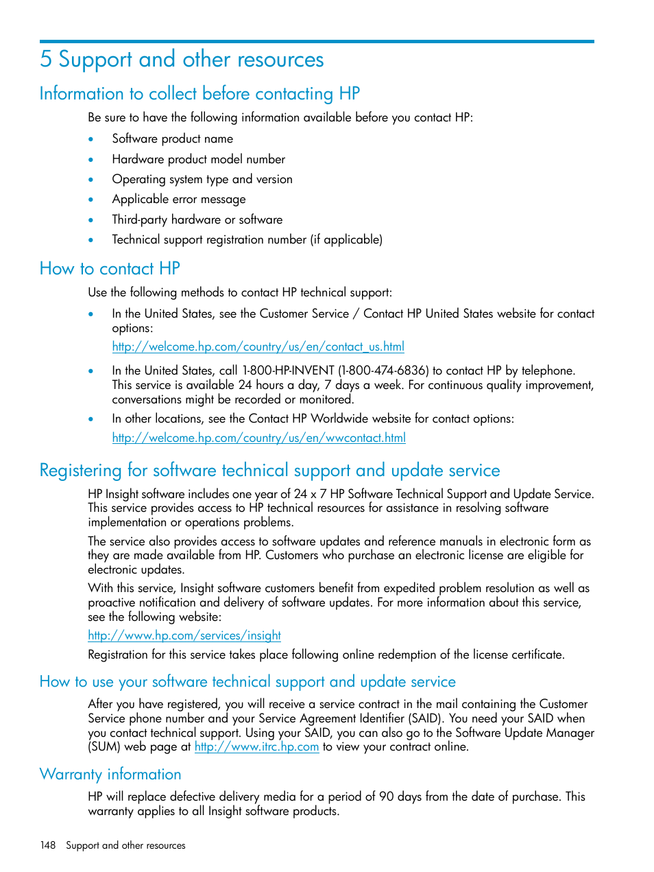 5 support and other resources, Information to collect before contacting hp, How to contact hp | Warranty information | HP Insight Management Agents User Manual | Page 148 / 161