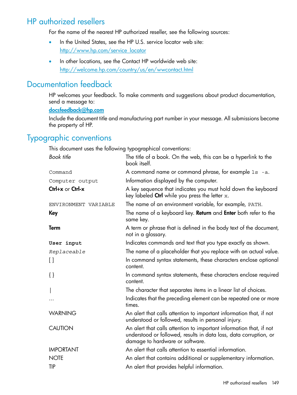 Hp authorized resellers, Documentation feedback, Typographic conventions | HP Insight Management Agents User Manual | Page 149 / 161