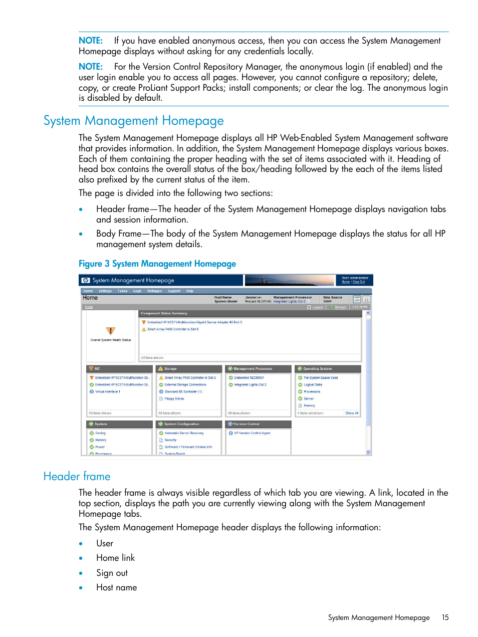 Header frame, System management homepage | HP Insight Management Agents User Manual | Page 15 / 161